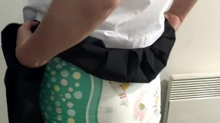 Crossdresser Wearing Sailor Fuku (Japanese Uniform) and Diaper then Cumming on Mirror Before Padding